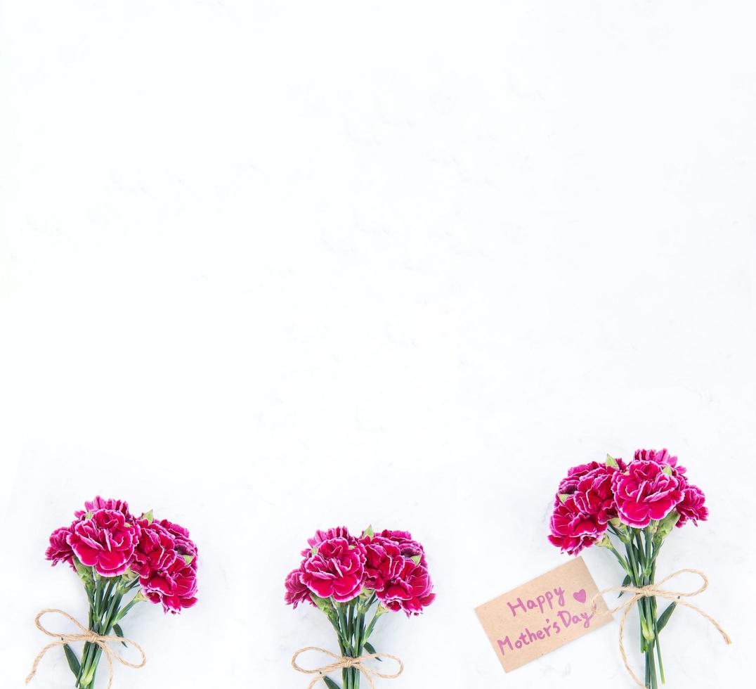 fotografía conceptual de la idea del día de las madres: hermosos claveles florecientes atados por un lazo con una tarjeta de texto kraft aislada en una mesa moderna y brillante, espacio de copia, capa plana, vista superior, maqueta foto