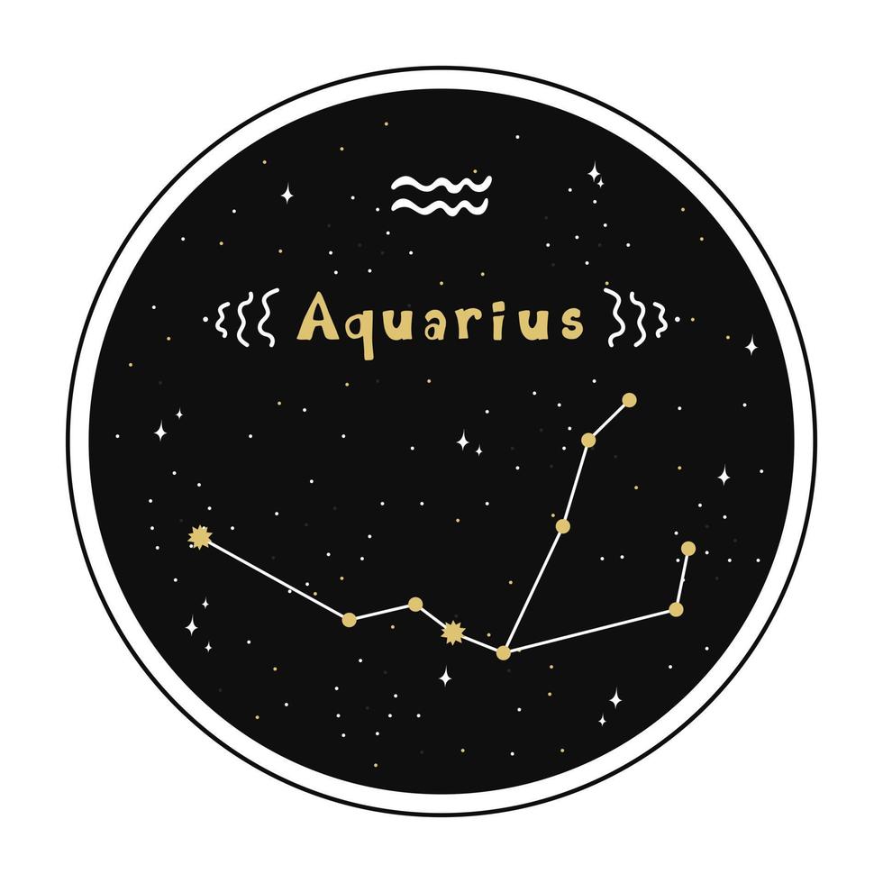 Aquarius. Zodiac Sign And Constellation In A Circle. Set Of Zodiac Signs In Doodle Style, Hand Drawn. vector