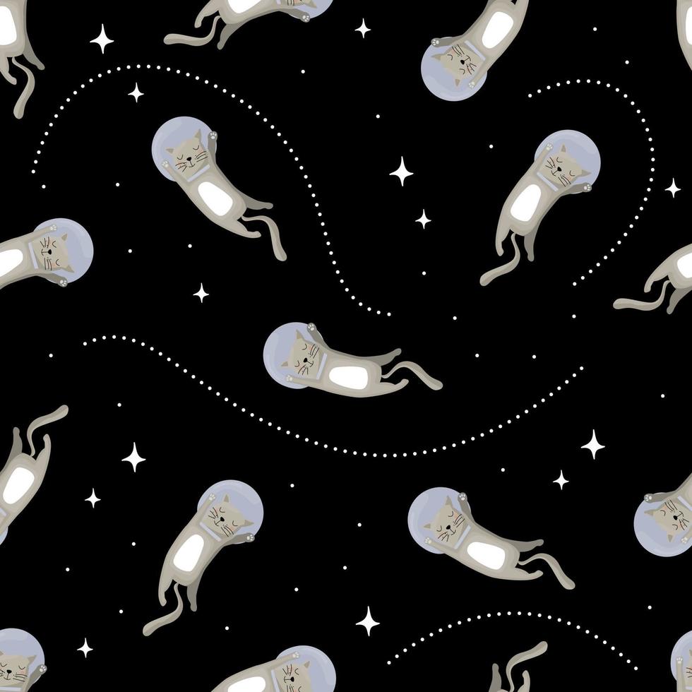 Doodle Seamless Pattern With Cats In Space. Cute Flat Vector ...