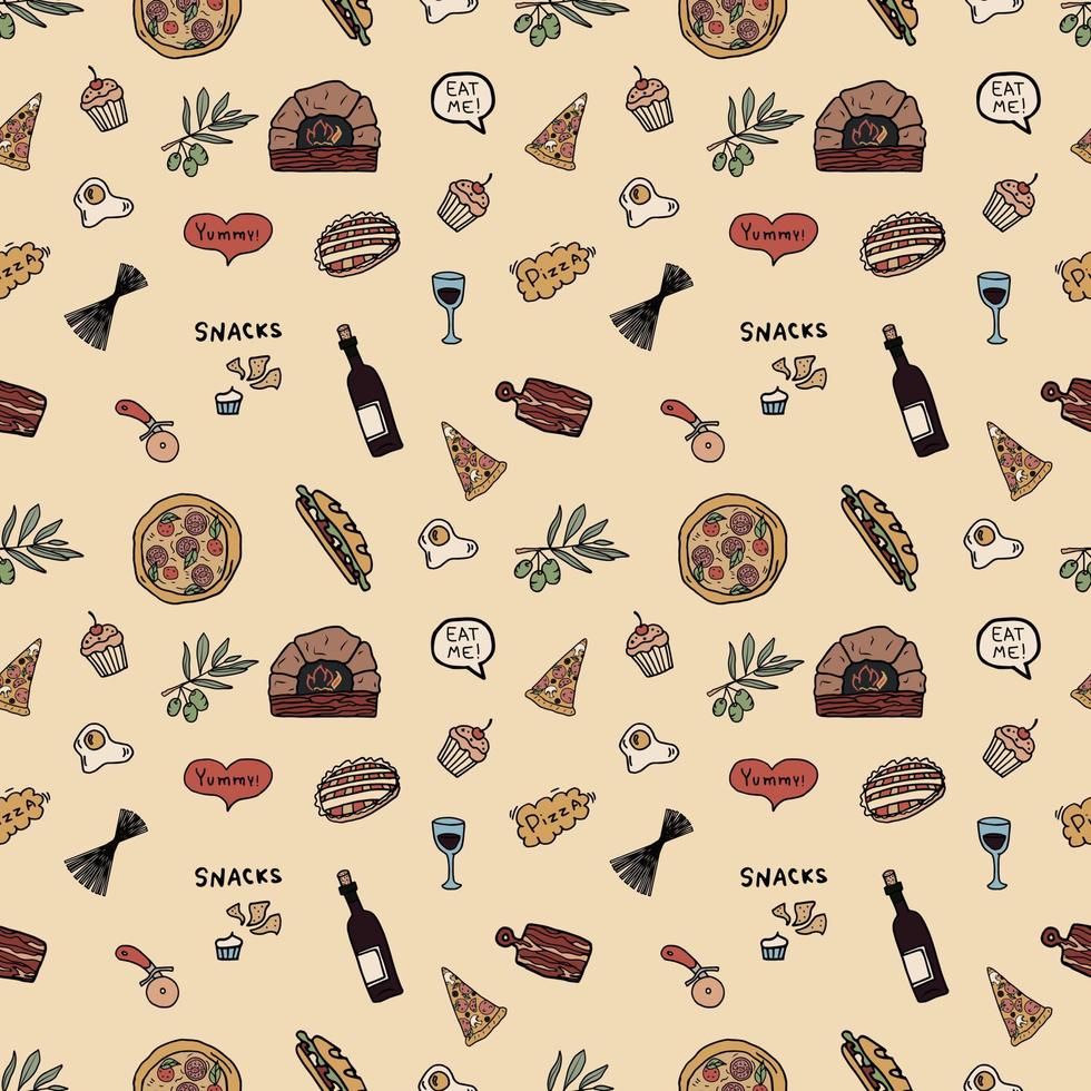 Doodle Seamless Pattern With Italian Food. Hand Drawn Pizza, Wine, Olive Branch And Others. vector