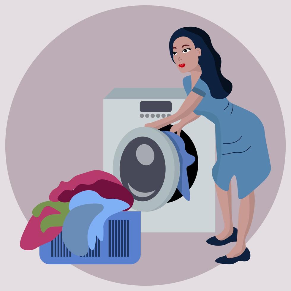 ilustración, una mujer joven está lavando una lavadora. y cesto de ropa. vector 6307386 en Vecteezy
