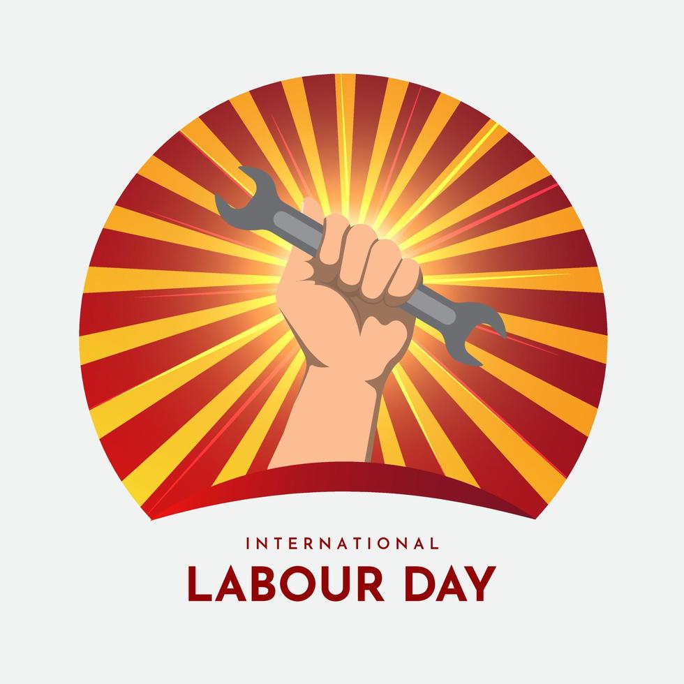 International Workers Day background. Happy labour day design with hand holding pliers and sunburst background. vector