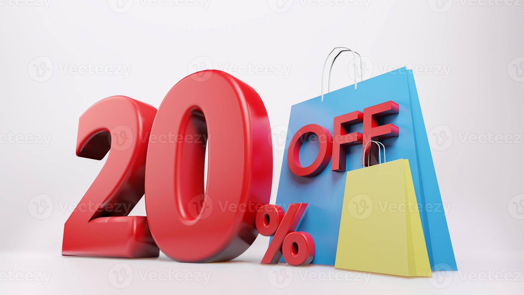 20  percent symbol with shopping bag , 3D render isolated background photo