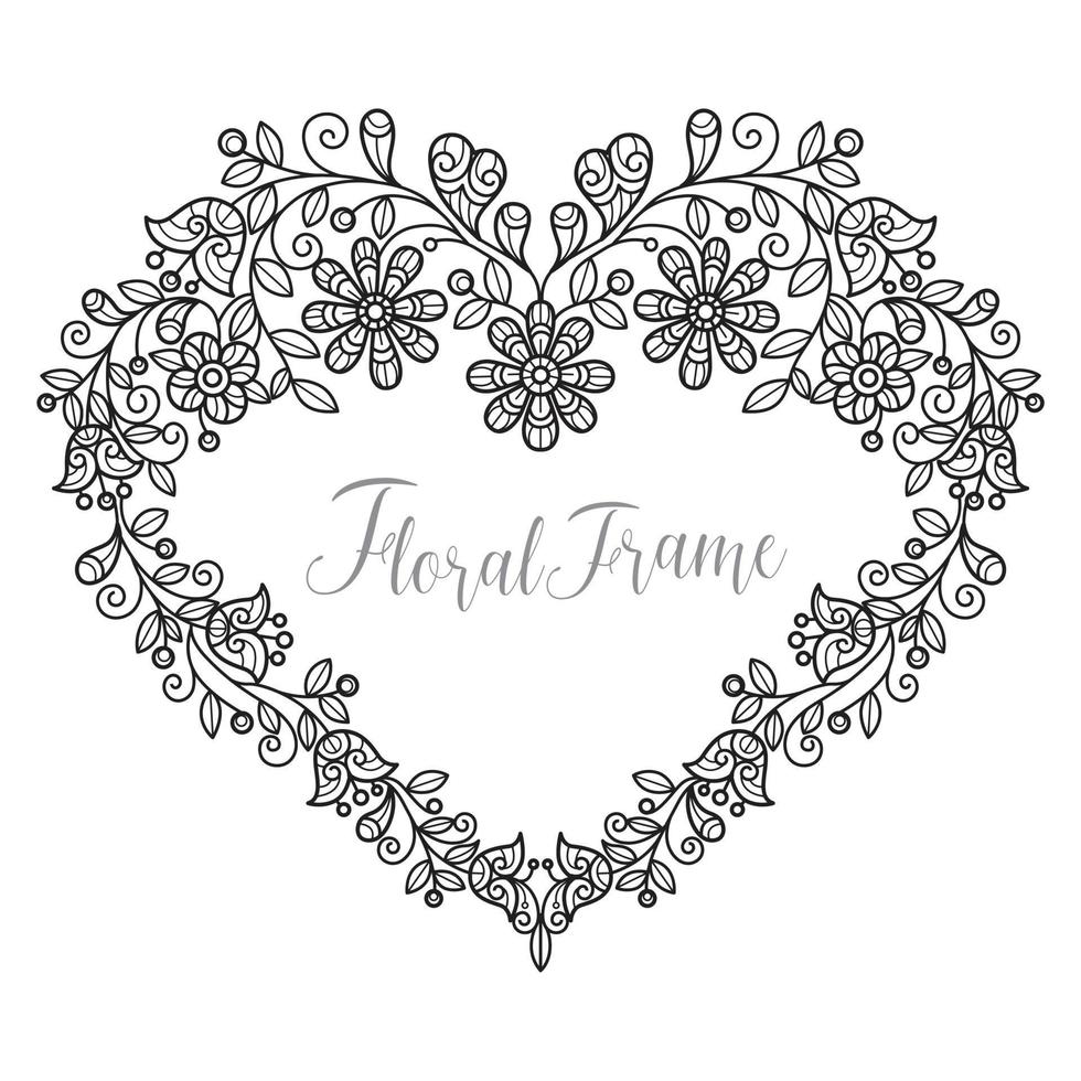 Heart flower frame hand drawn for adult coloring book vector