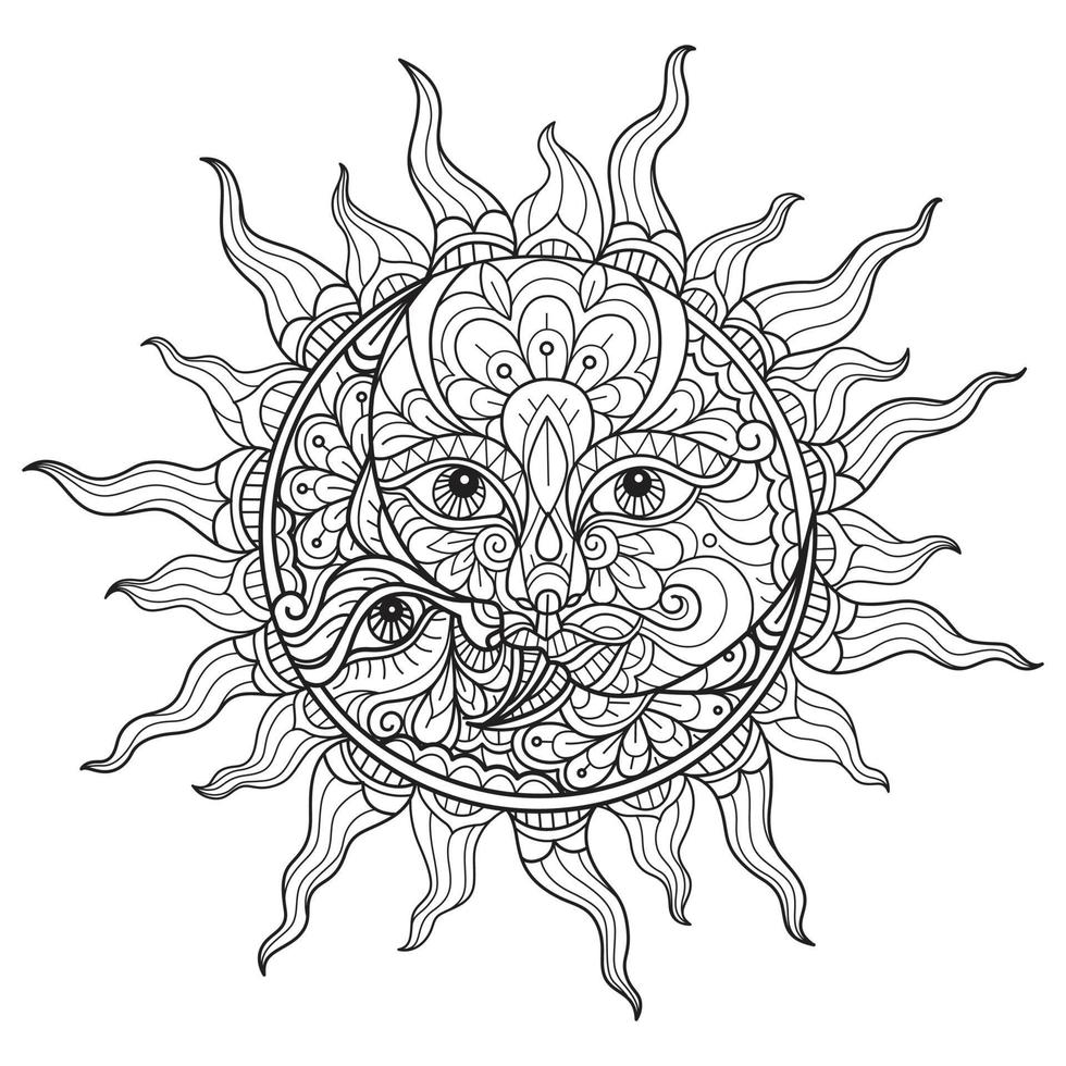 sol y luna dibujados a mano para libro de colorear para adultos vector