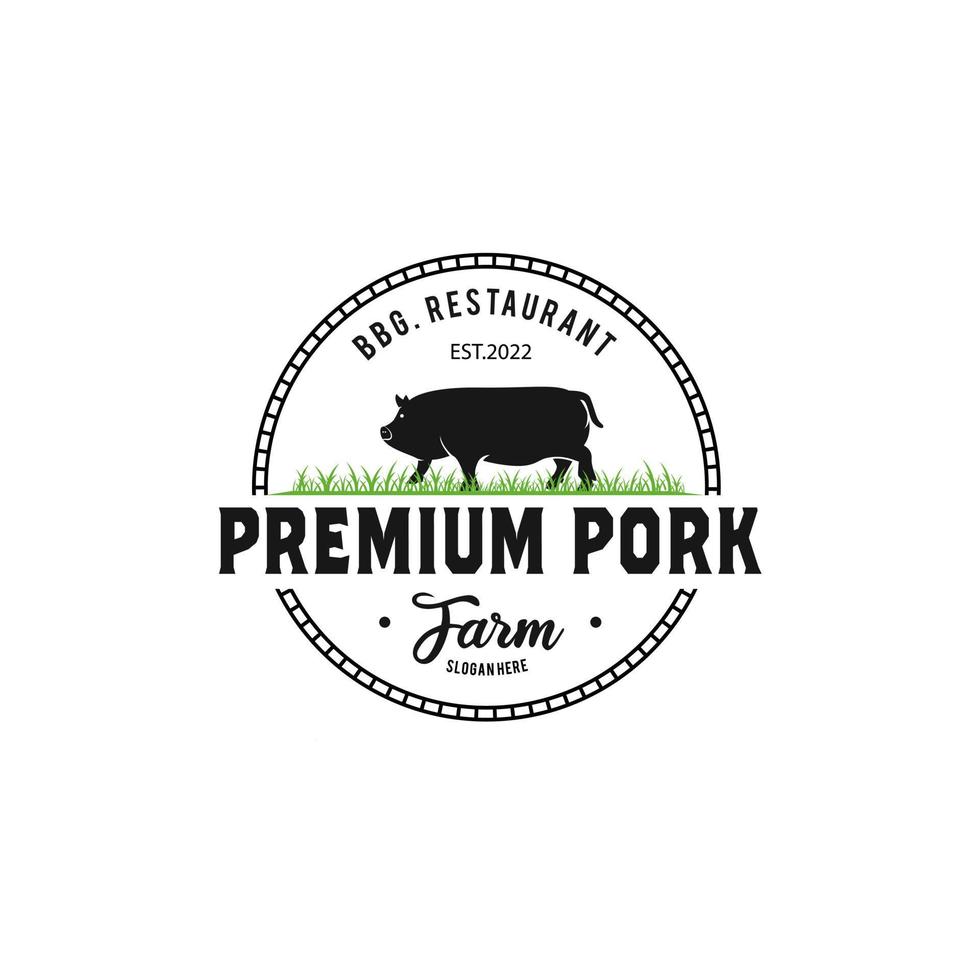 logotipo de animales de granja de cerdos en la pradera, animal de cerdo premium vector