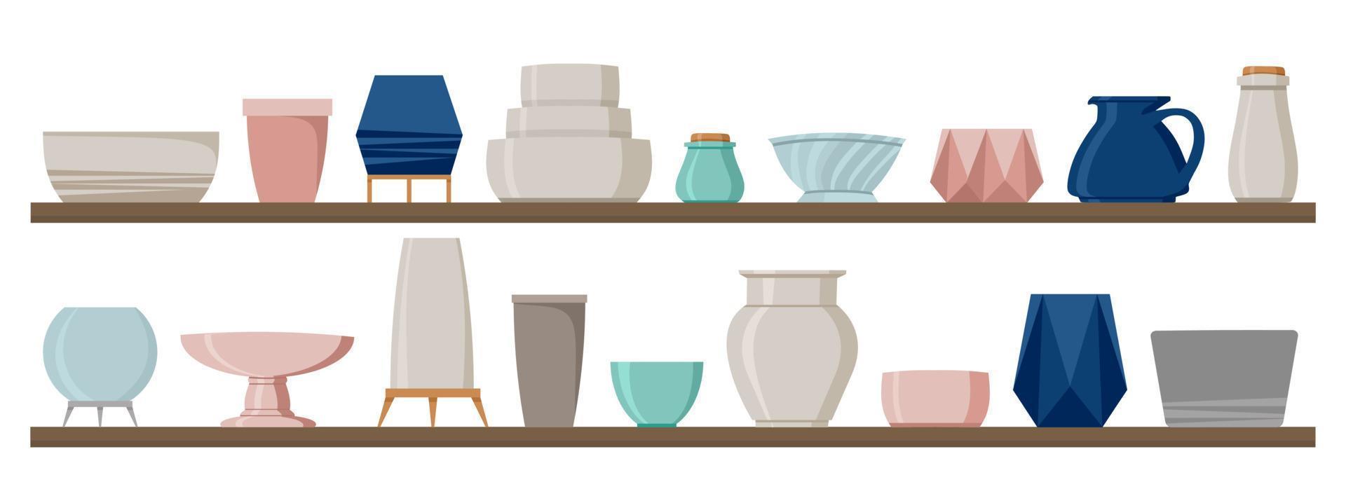 Ceramic tableware on the shelf set. Vector illustration