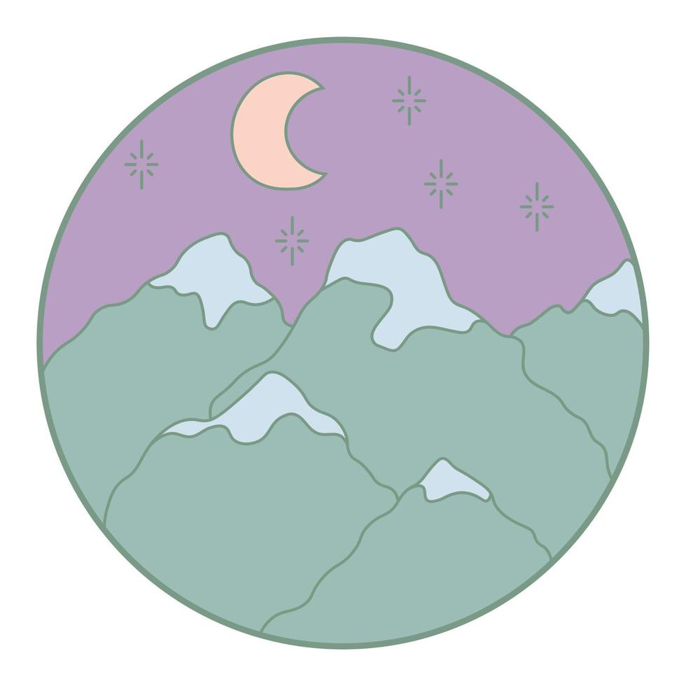 Vector illustration of mountain. Colorful hand drawn outline icon in circle frame.