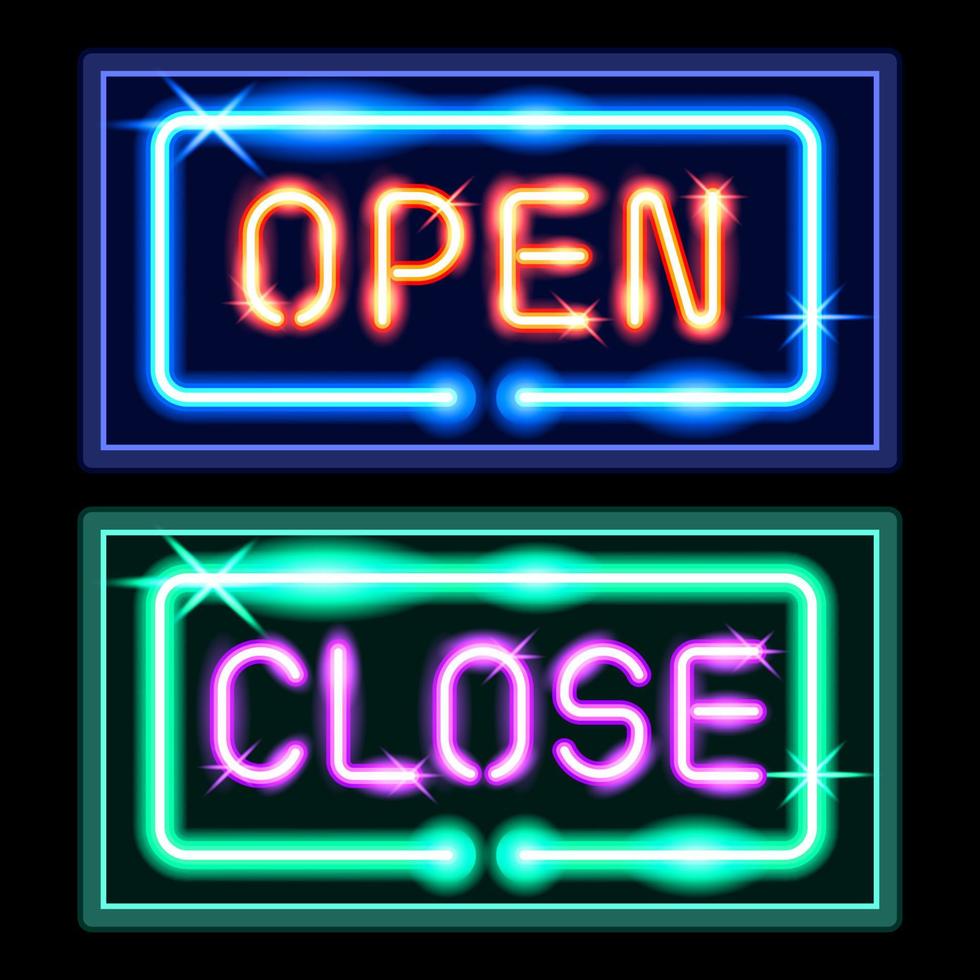open and close glow neon signs realistic isolated vector
