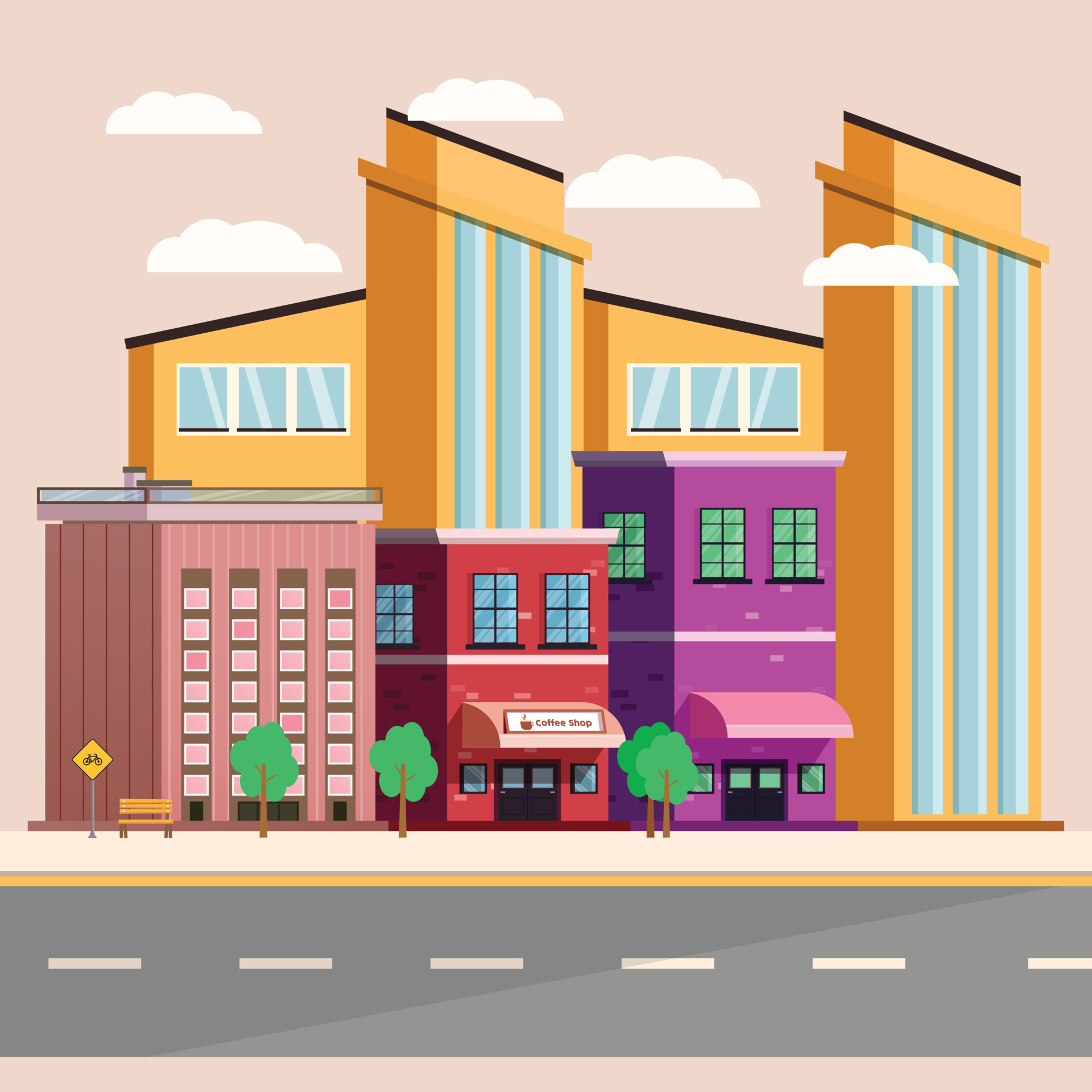 Modern city with Building, coffee shop and a road ahead. Summer landscape,  cityscape background, public place with trees for recreation. Vector  illustration. 6309854 Vector Art at Vecteezy