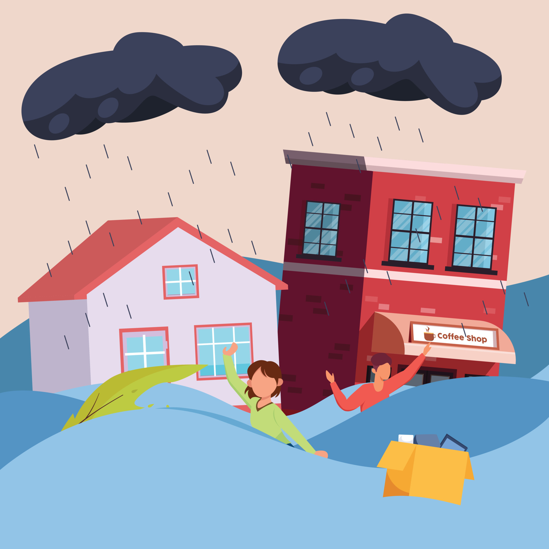 Heavy Rain in the city, natural disaster. Water on the road, Buildings and  houses in the city flood and people are washed away Vector illustration in  cartoon style. 6309861 Vector Art at