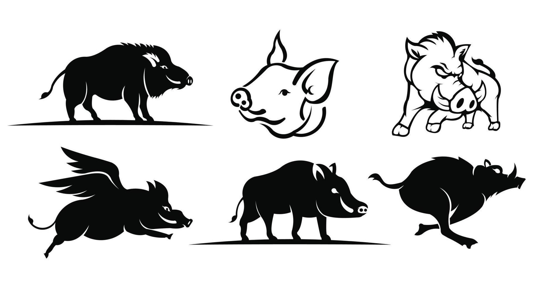 Vector black silhouette of the wild boar isolated on white background