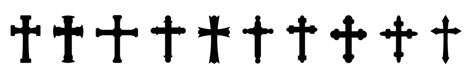 conjunto de iconos cruz cristiana vector símbolo plano y estilo de contorno. cruz como símbolo de pascua, fe, muerte y resurrección