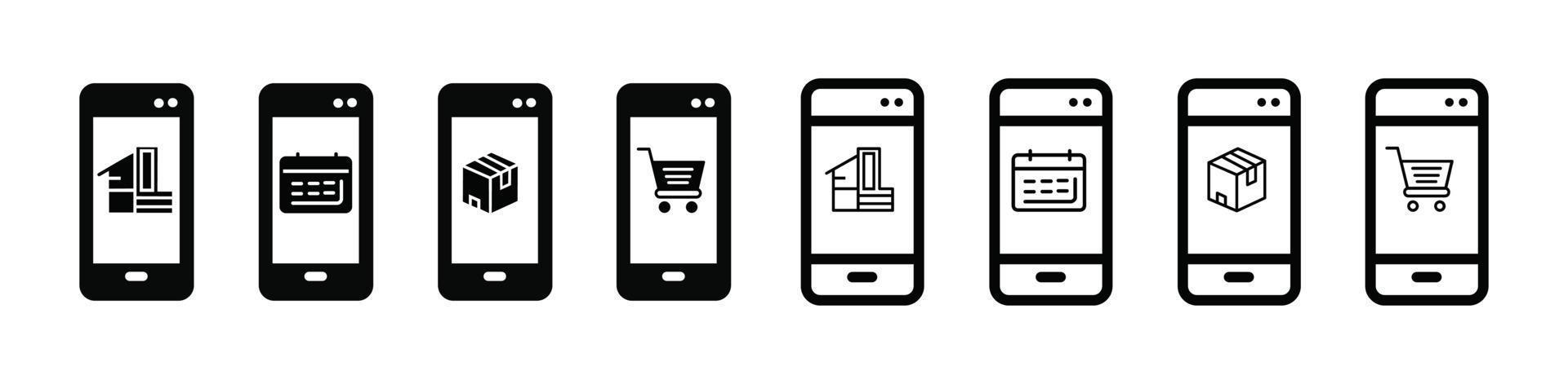 outline icons set about click and delivery services steps via smartphone. Shopping online concepts delivery services steps via smartphone vector