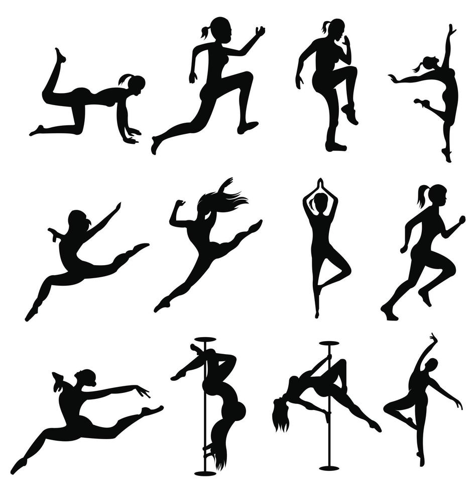 Athlete woman in gym exercise. Ballet girl vector figure isolated on white background. Black silhouette illustration of gymnastic woman. Rhythmic Gymnastics vector silhouette big group.