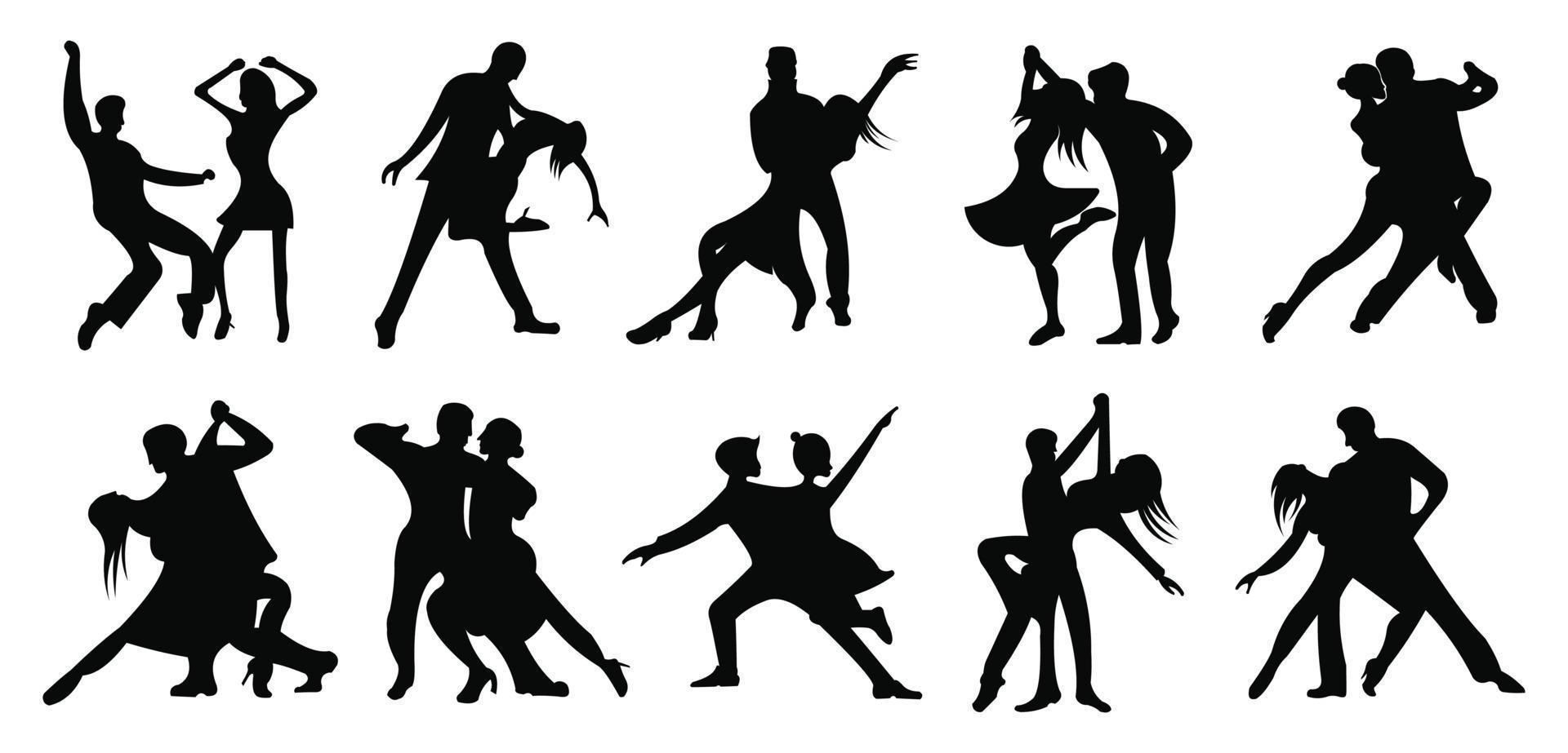 set of Detailed vector illustration silhouettes of expressive dance people dancing