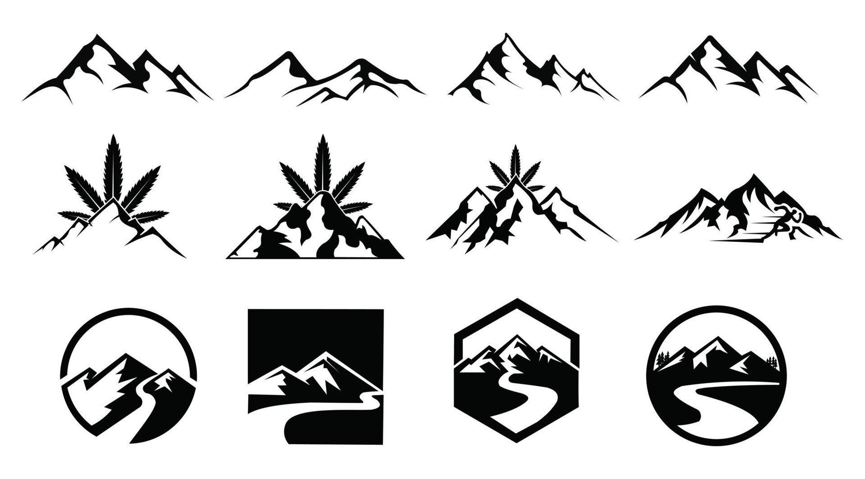 logotipo de la cima de las montañas nevadas, se puede utilizar como insignia deportiva, emblema de agua mineral, estandarte turístico, icono de viaje, signo, decoración, logotipo de marihuana de altitud vector