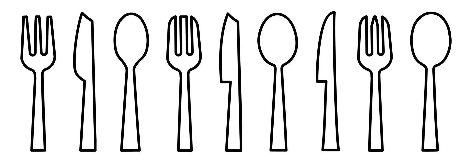 cuchara de ilustración vectorial de vajilla, tenedor, cuchillo y plato conjunto de iconos en estilo de línea, colección de servicio de cena vector