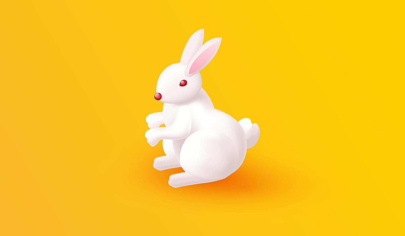 lindo personaje animal de conejo blanco aislado en fondo amarillo para carteles y diseño de postales estilo de ilustración vectorial 3d vector