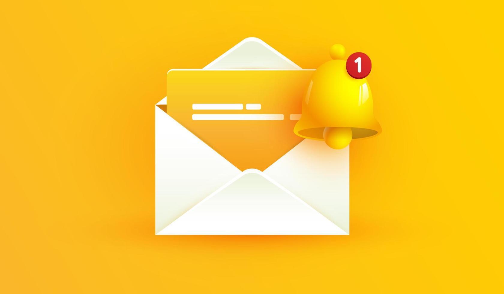 icono de sobre abierto con símbolo de alarma de número de notificación aislado en fondo amarillo. señal de campana amarilla con nuevo suscriptor para recordatorio de redes sociales. recordatorio de correo electrónico estilo de ilustración de vector 3d