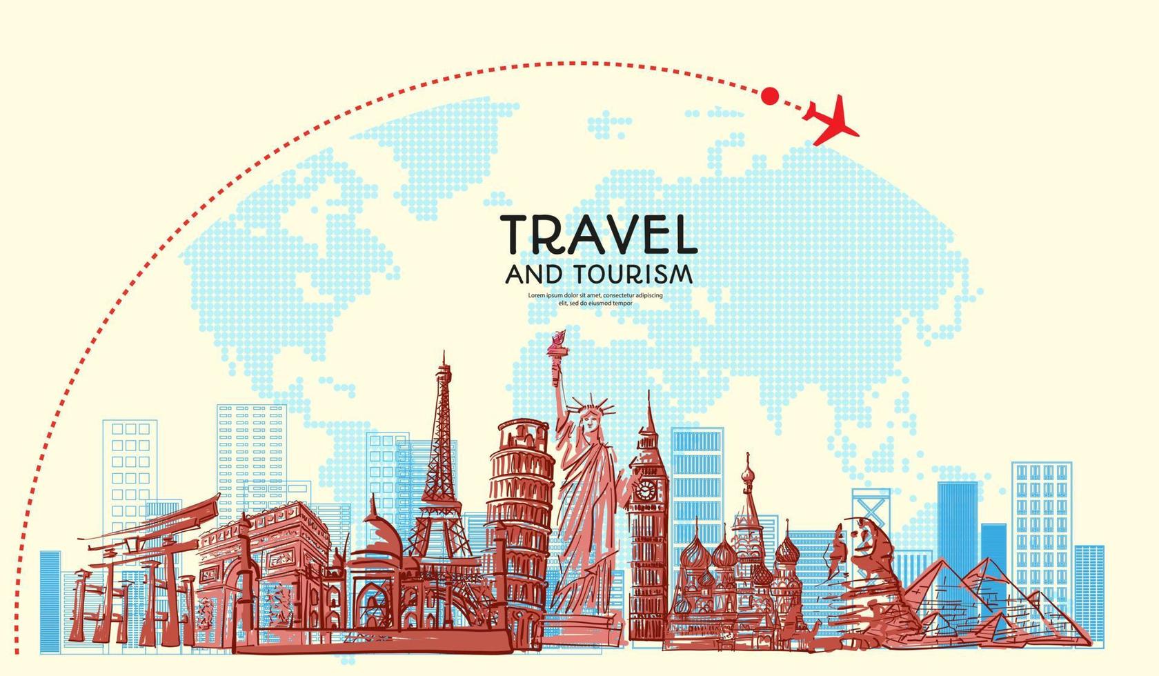 viaje al mundo con monumentos famosos con estilo de boceto dibujado a mano con letrero volador de avión y mapa del mundo para la pancarta de afiches de viaje y la ilustración vectorial de diseño de postales. vector
