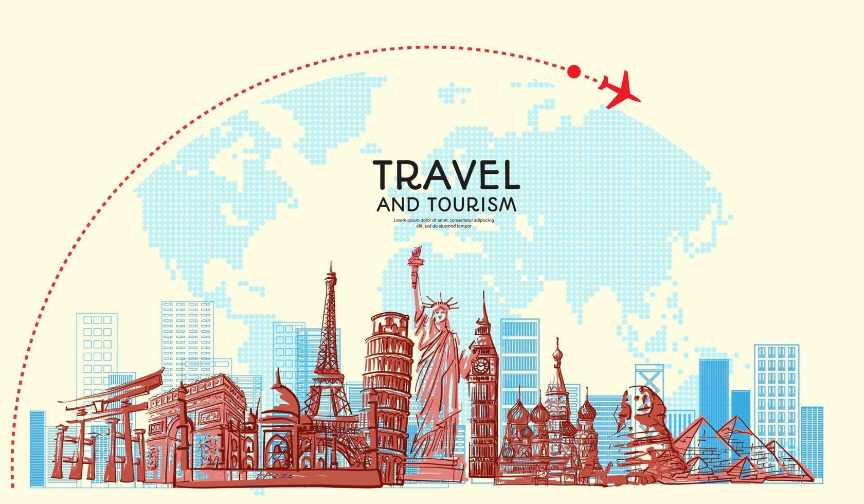 Travel to World with famous landmarks with hand drawn sketch style with airplane jetliner flying sign and world map for travel poster banner and postcard design Vector illustration.