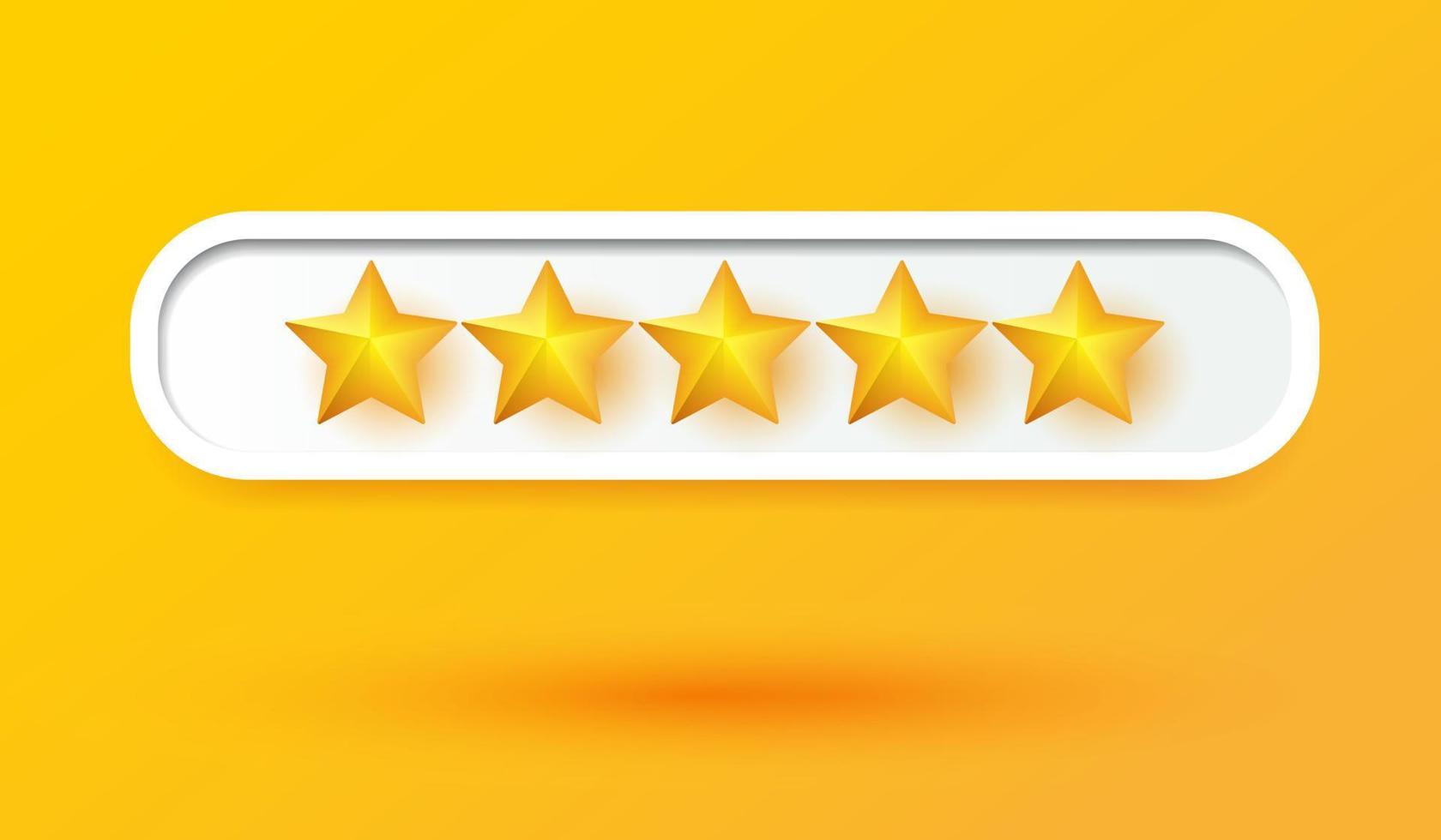 Five yellow stars customer rating feedback product review button 3d icon vector illustration. Sign or symbol design for mobile applications and website.