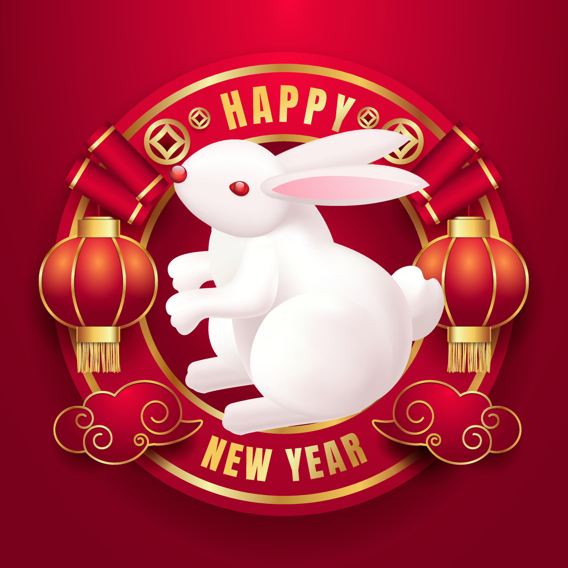 The year of the Rabbit. Greeting card template 2023 with white rabbit