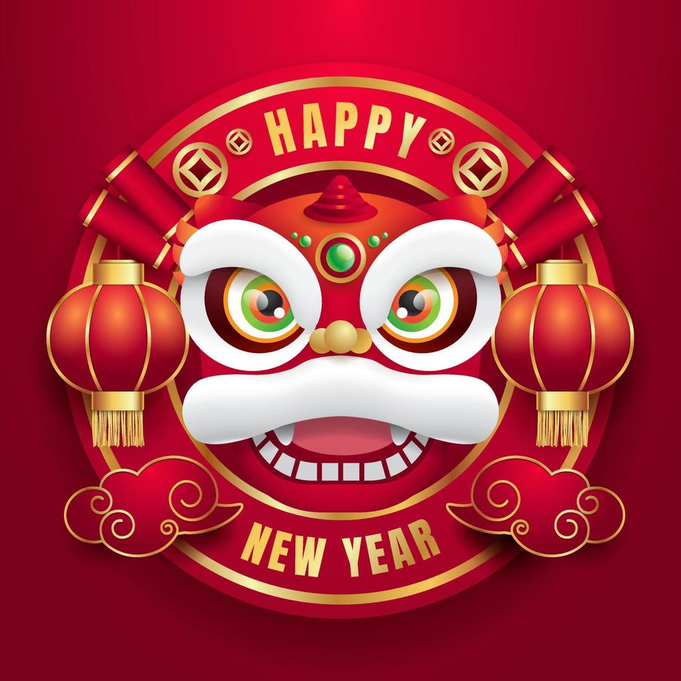 chinese new year design. Greeting card template 2022 chinese ornament lion dance with red lantern and cloud. Vector illustrations wild animal sign.