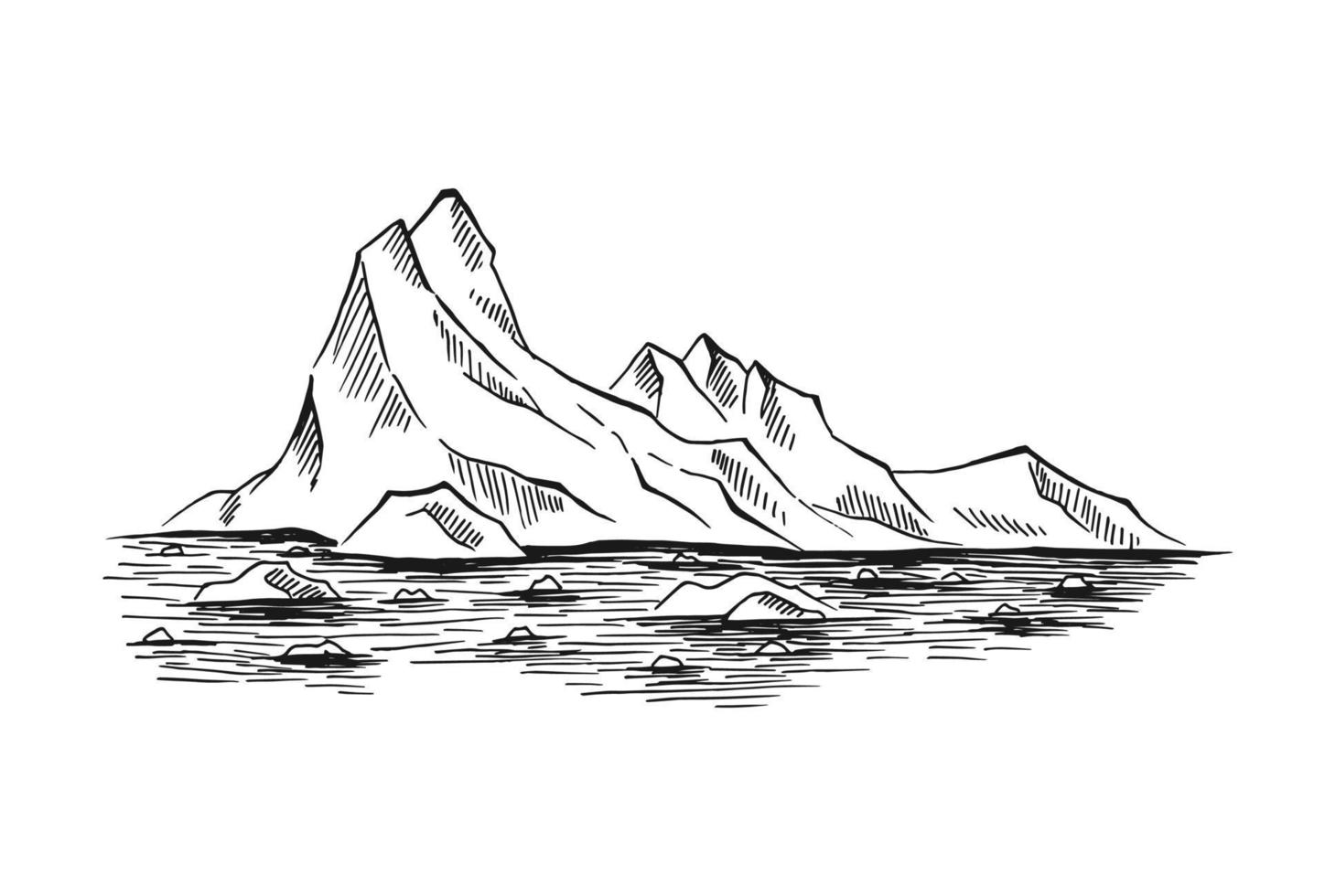 Arctic landscape. Icy mounts, Iceberg. Hand drawn illustration