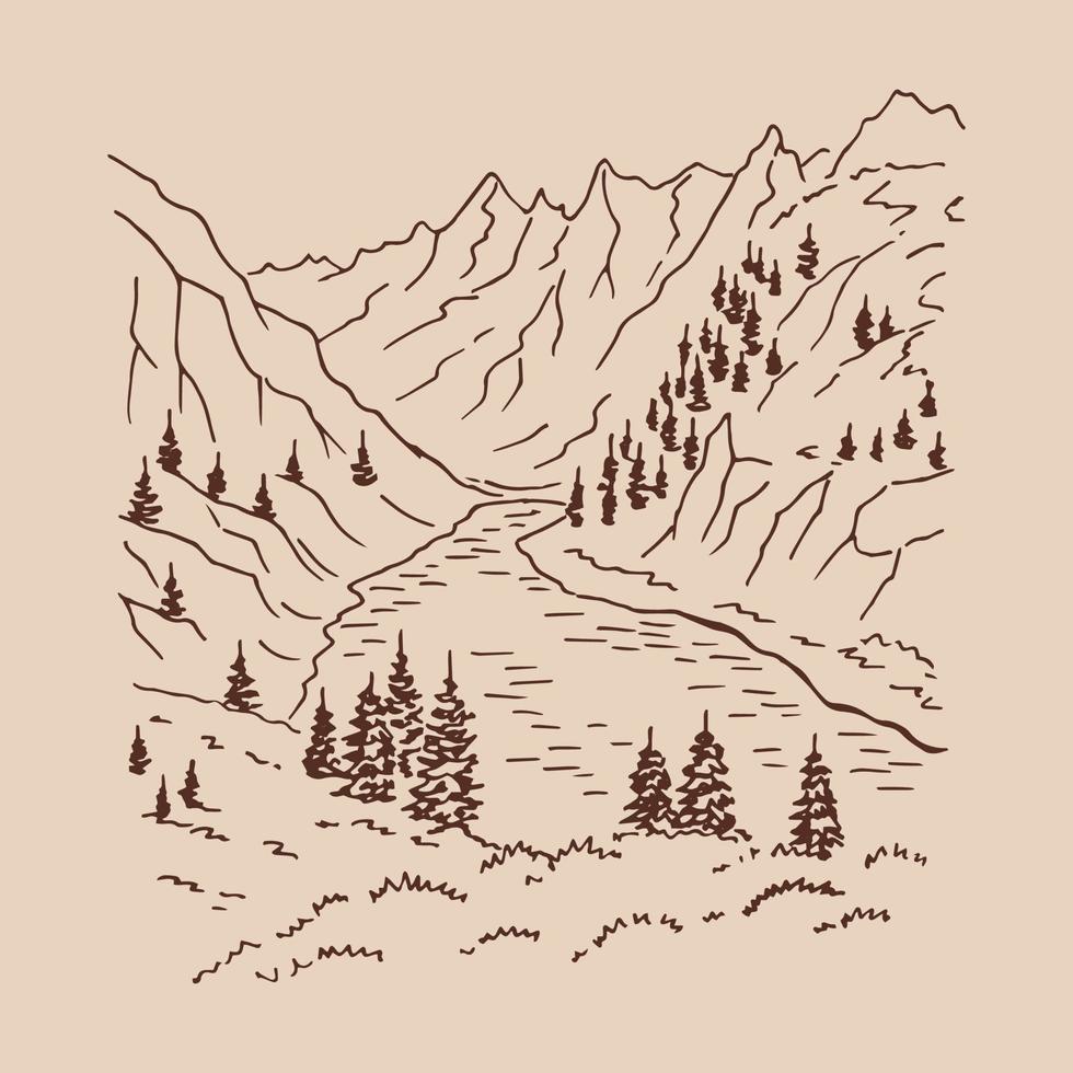 Landscape with mountains and forest. Hand drawn illustration converted to vector. vector
