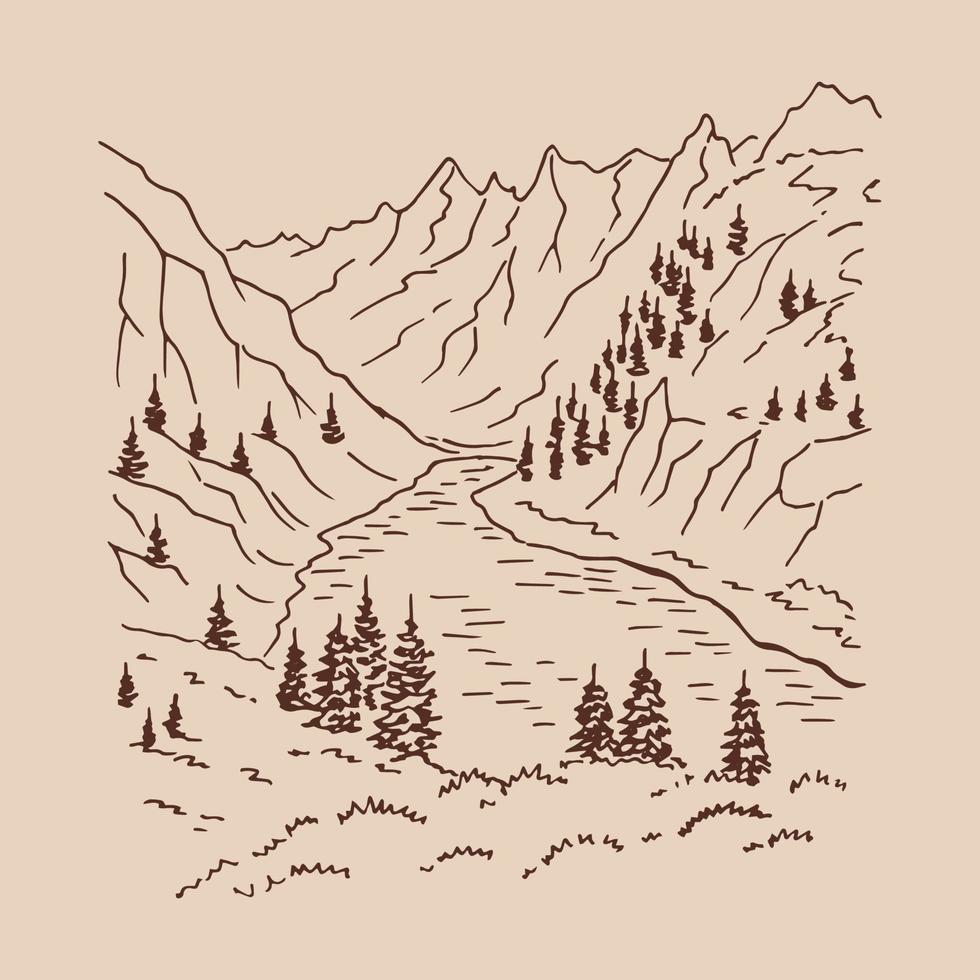 paisaje con montañas y bosques. ilustración dibujada a mano convertida en vector. vector