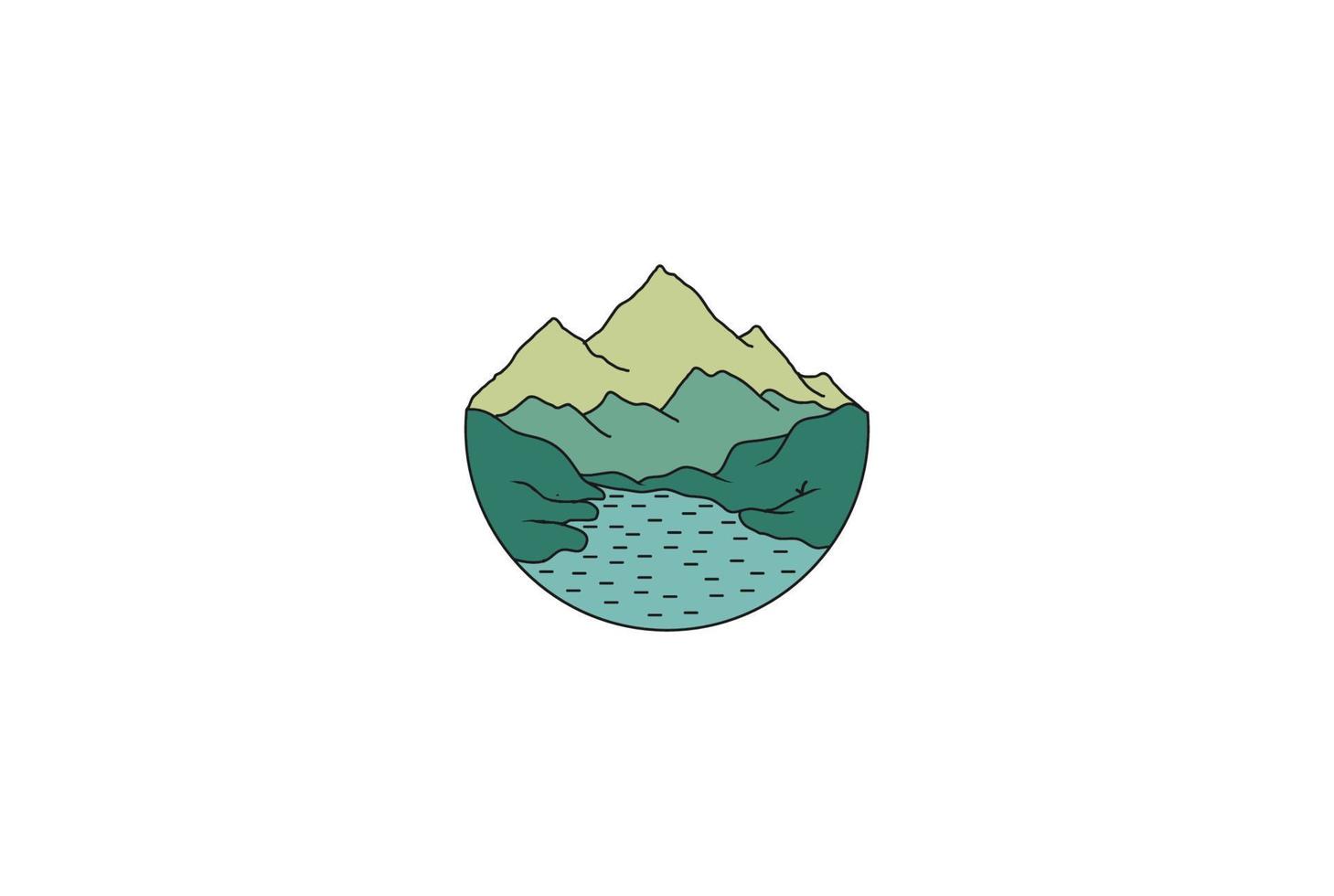 montaña colina con río arroyo presa lago logo diseño vector