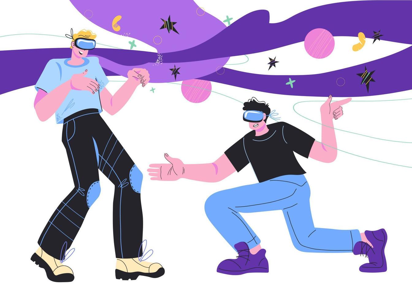 Young men in virtual reality headsets playing 3d interactive games. VR glasses and augmented reality technology and computer games, cartoon vector illustration.