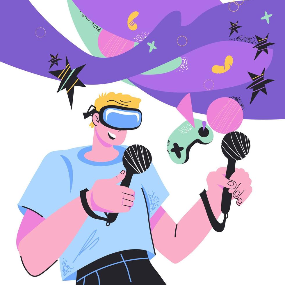 Banner for VR computer games with man in virtual reality glasses playing 3d interactive games. Technology of augmented reality and computer games, cartoon vector illustration in bright colors.