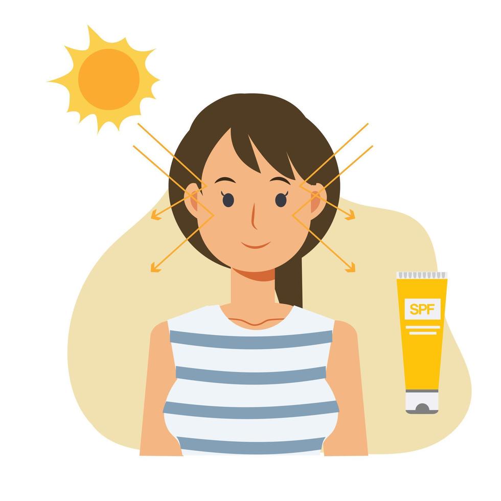 concepto de cuidado de la piel, protección solar. mujer feliz usando bloqueador solar para evitar daños por quemaduras solares. piel bonita y bella. vector