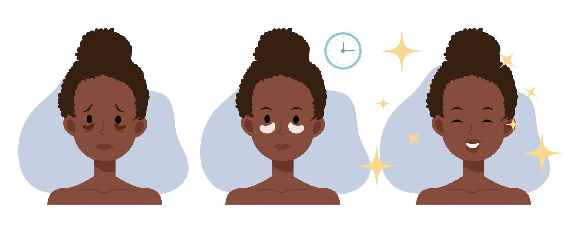 concepto de cuidado de la piel. mujer afroamericana está usando crema debajo de los ojos para eliminar los círculos debajo de los ojos. antes y después de usar la ilustración de personaje de dibujos animados vector cream.flat.