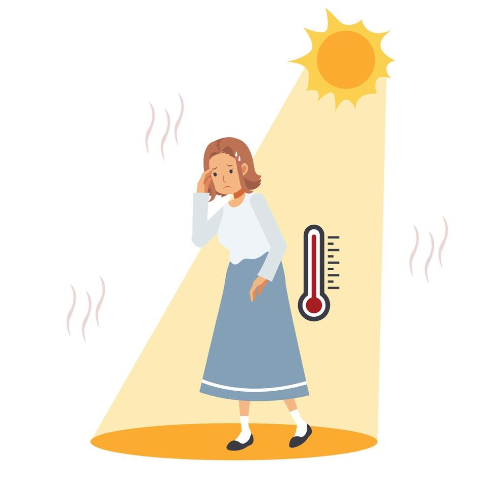 concepto de golpe de calor. mujer de riesgo de insolación y quemaduras solares bajo el sol ardiente. alta temperatura, clima cálido. verano vector