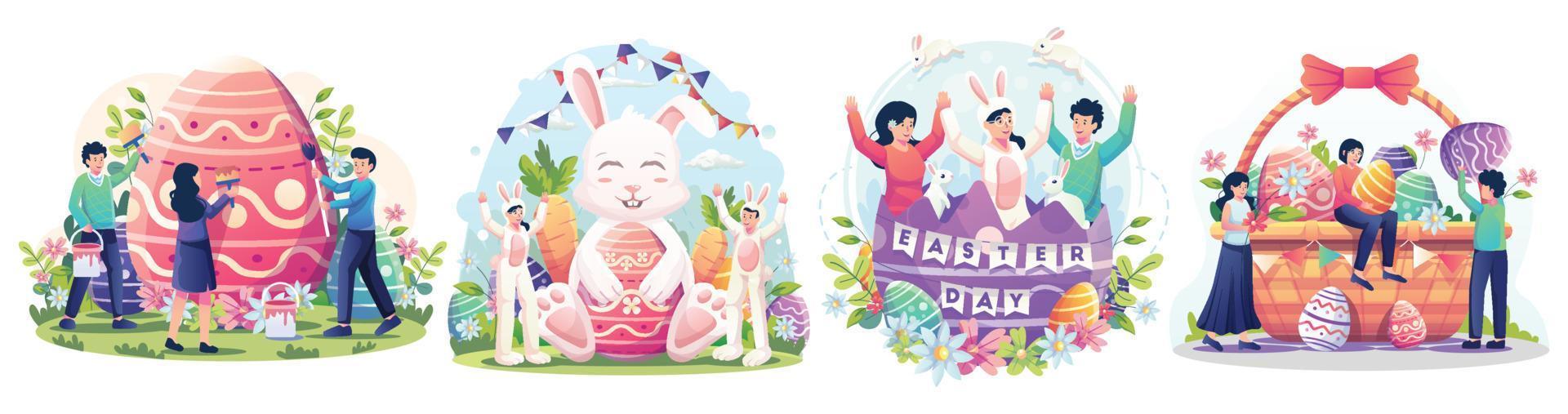 Set of Easter day concept. Happy people celebrate Easter day with bunnies, baskets full of easter eggs, flowers, and decorations. vector illustration