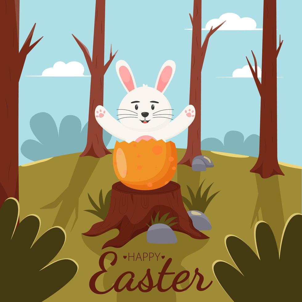 Cute landscape with trees, green grass, rabiit and a stump. Nature forest landscape. Easter concept. Happy Easter banners, greeting cards, posters, holiday covers. vector