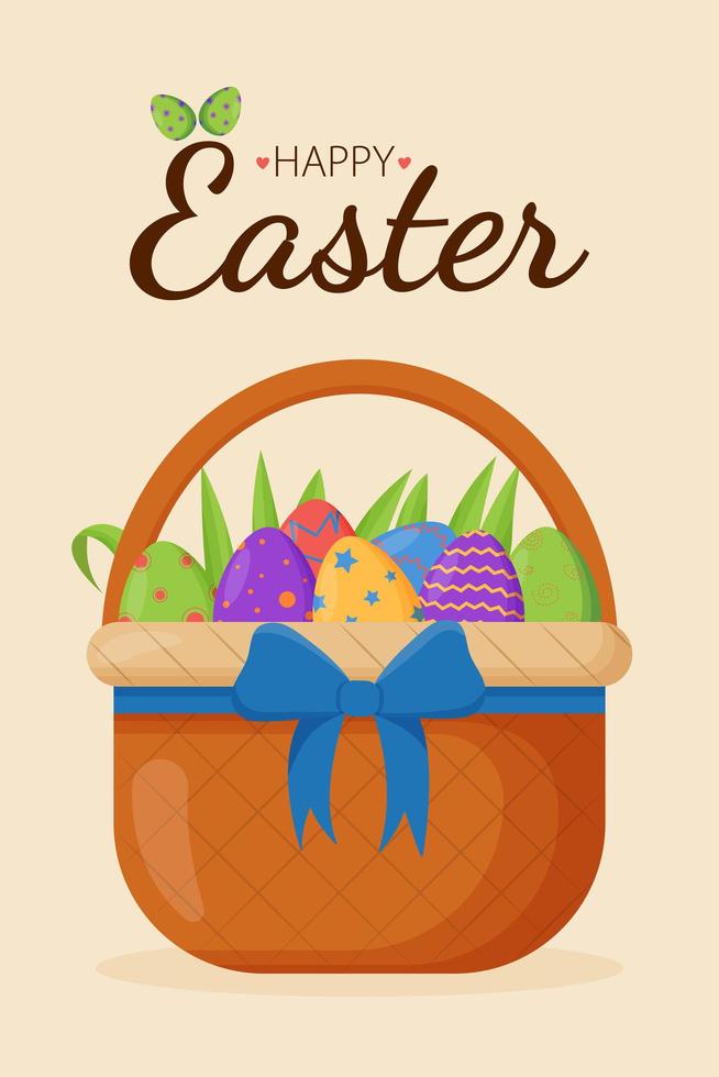 tarjeta de felicitación de Pascua con cesta de mimbre y huevos de Pascua. felices pancartas de Pascua, tarjetas de felicitación, carteles, portadas de vacaciones. vector