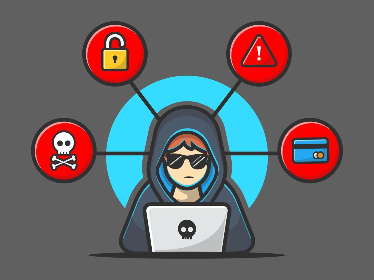 Hacker Operating Laptop Cartoon Vector Icon Illustration. People  Technology Icon Concept Isolated Premium Vector. Flat Cartoon Style