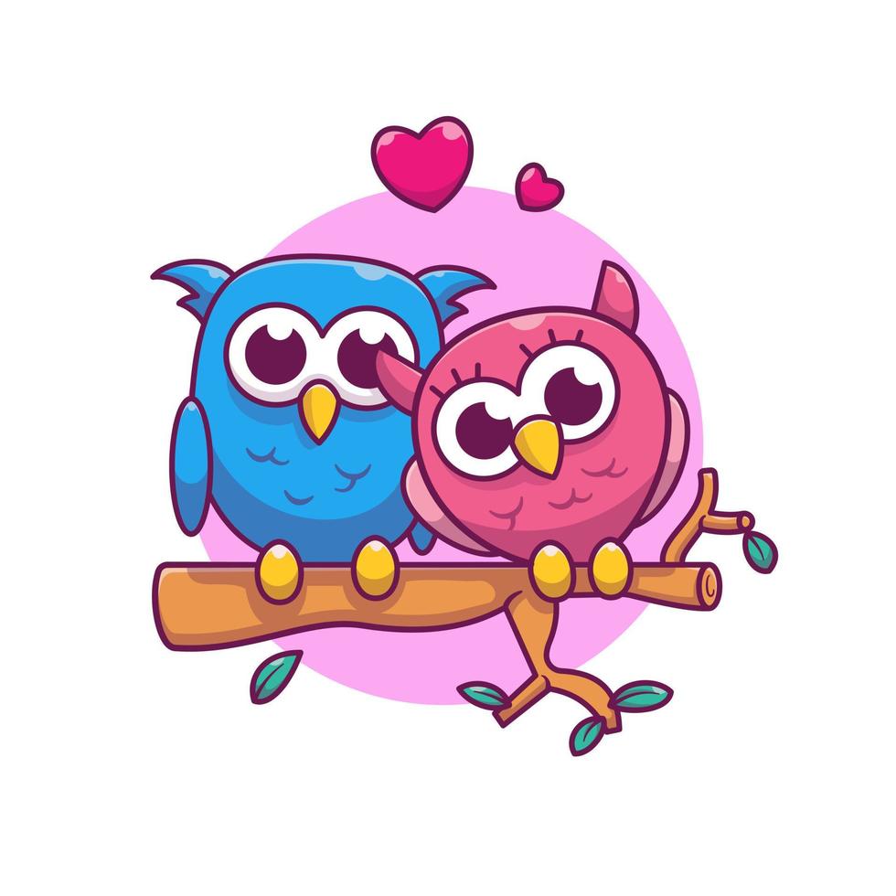 Couple Owl Fall In Love On Tree Cartoon Vector Icon Illustration.  Animal Nature Icon Concept Isolated Premium Vector. Flat Cartoon  Style