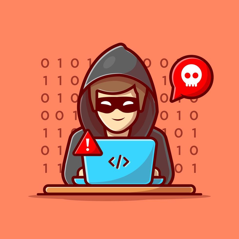 Hacker Operating Laptop Cartoon Vector Icon Illustration. People  Technology Icon Concept Isolated Premium Vector. Flat Cartoon Style