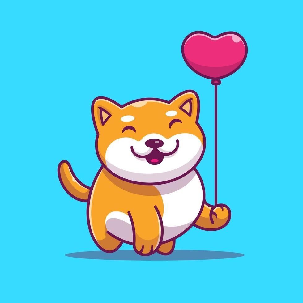 lindo perro shiba inu sosteniendo ilustración de icono de vector de dibujos animados de globo de amor. concepto de icono de naturaleza animal vector premium aislado. estilo de dibujos animados plana