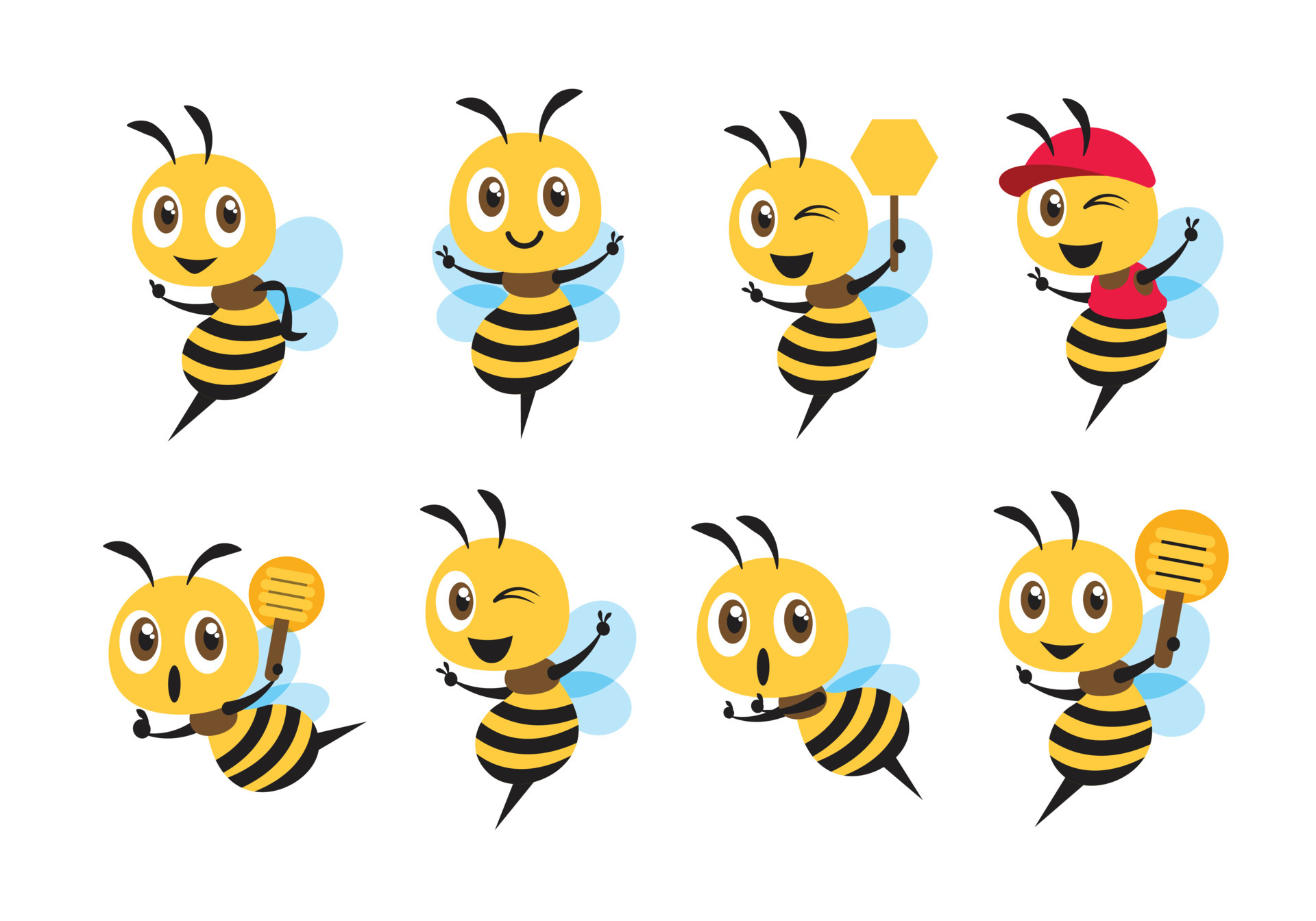 Flat design cartoon cute bee mascot set with different poses. Cartoon cute bee showing victory sign, holding a honey dipper and wearing cap. Flat vector illustration 6310632 Vector Art at Vecteezy Flat design cartoon cute bee mascot set with different poses. Cartoon cute bee showing victory sign, holding a honey dipper and wearing cap. Flat vector illustration 6310632 Vector Art at Vecteezy
