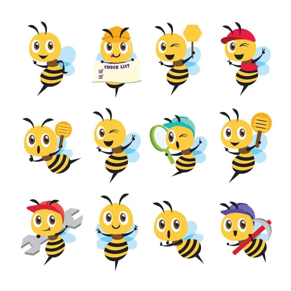 Collection of flat design cartoon cute bee character set in different poses. Bee holds different items and different action. Vector bee mascot set