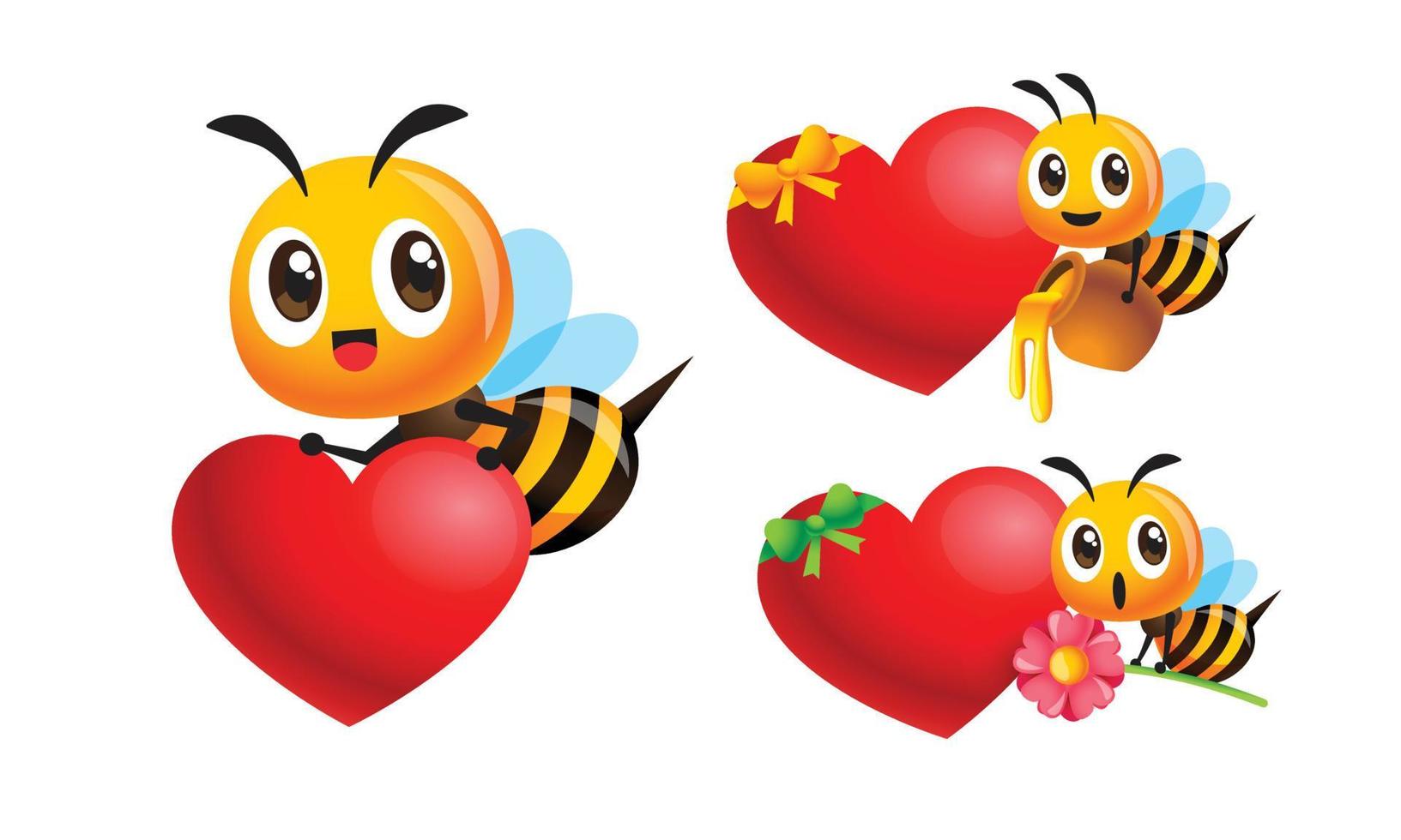 Collection of cartoon cute bee with empty heart shape signboard. Bee character holding honey pot and flower with blank love sign for mothers day and valentines day. Vector character illustration