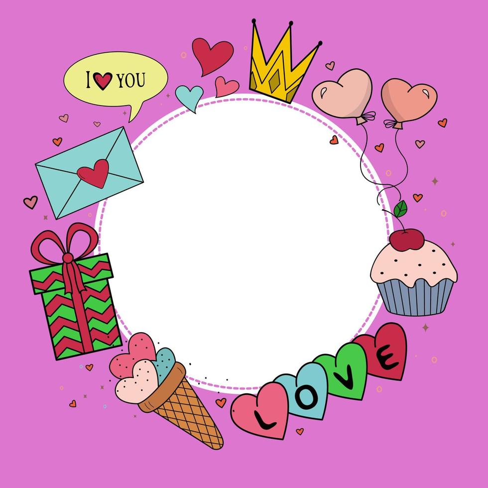 A photo frame with hand-drawn cute elements. Hearts, cupcakes, lollipops, candies, berries, envelope, ice cream. Valentine's Day, birthday. A declaration of love. An illustration for your design. vector