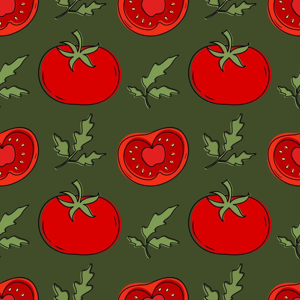 Vector pattern of a set of tomatoes. Design elements for menus, advertisements and covers, children's books, food and food illustrations.Vector of vegetables and foliage. Illustration of food.